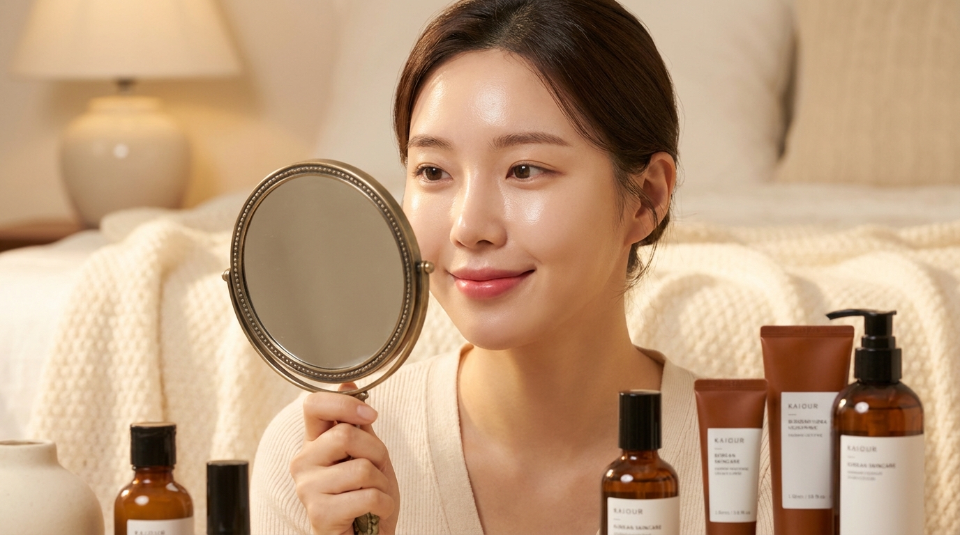 Woman with glass-like glowing skin smiling while looking at herself in a handheld mirror with skincare products nearby.