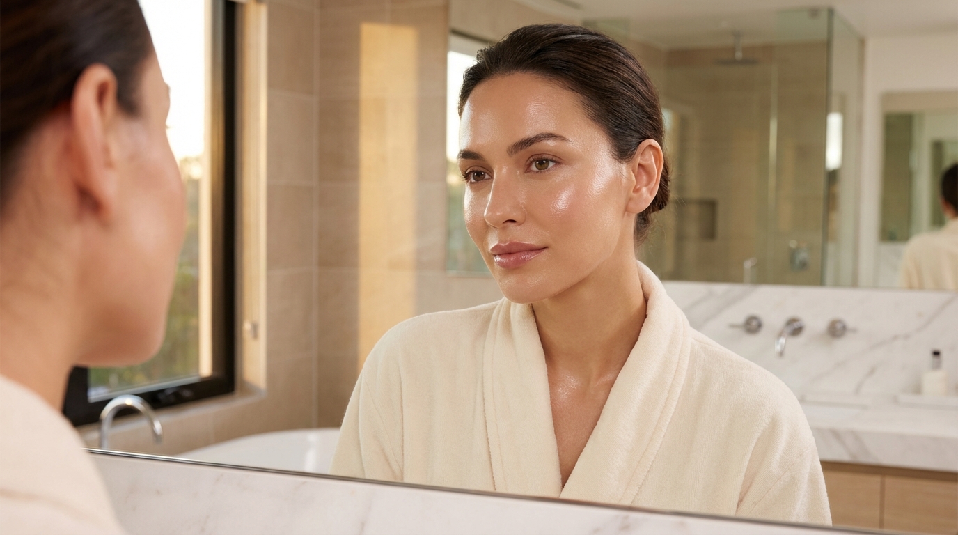 Woman with glowing, slightly shiny skin from slugging admiring her face in a bathroom mirror.