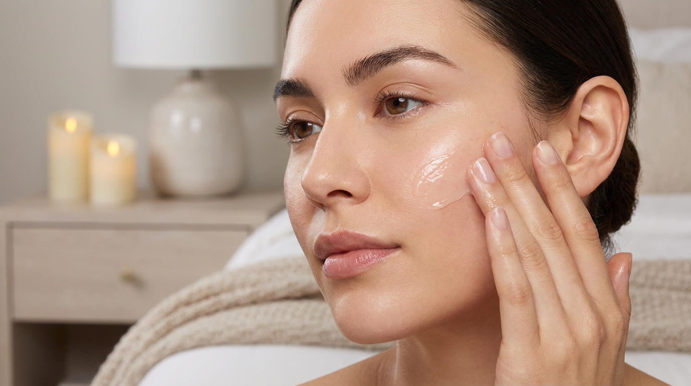 Close-up of a woman with perfect skin applying a thin layer of ointment to her cheek as part of slugging.