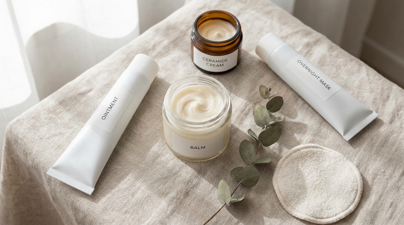 Flatlay of various slugging products including balm, petrolatum ointment, rich cream, and sleeping mask on a neutral background.