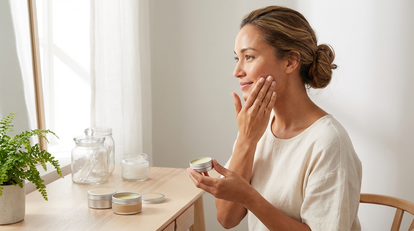 Woman with radiant skin applying a plant-based balm at a minimalist vanity with eco-friendly skincare packaging.