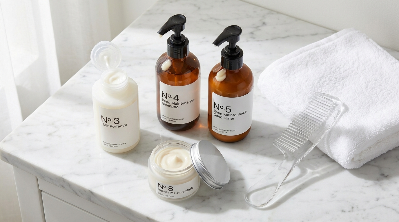 Flatlay of Olaplex-style bond-building hair products on a white marble surface