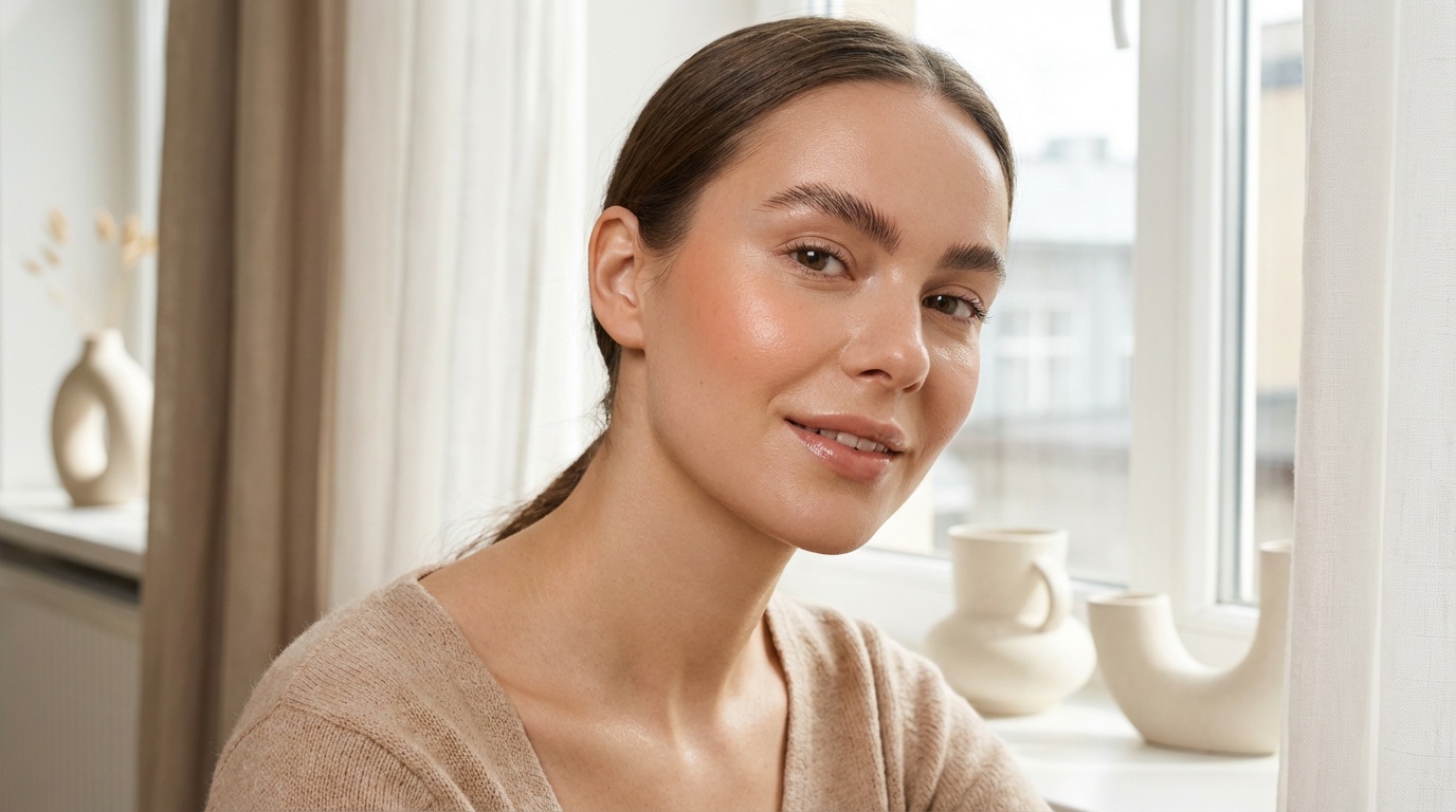 Woman with glowing natural makeup and fluffy brows in soft daylight, showcasing the clean girl makeup look