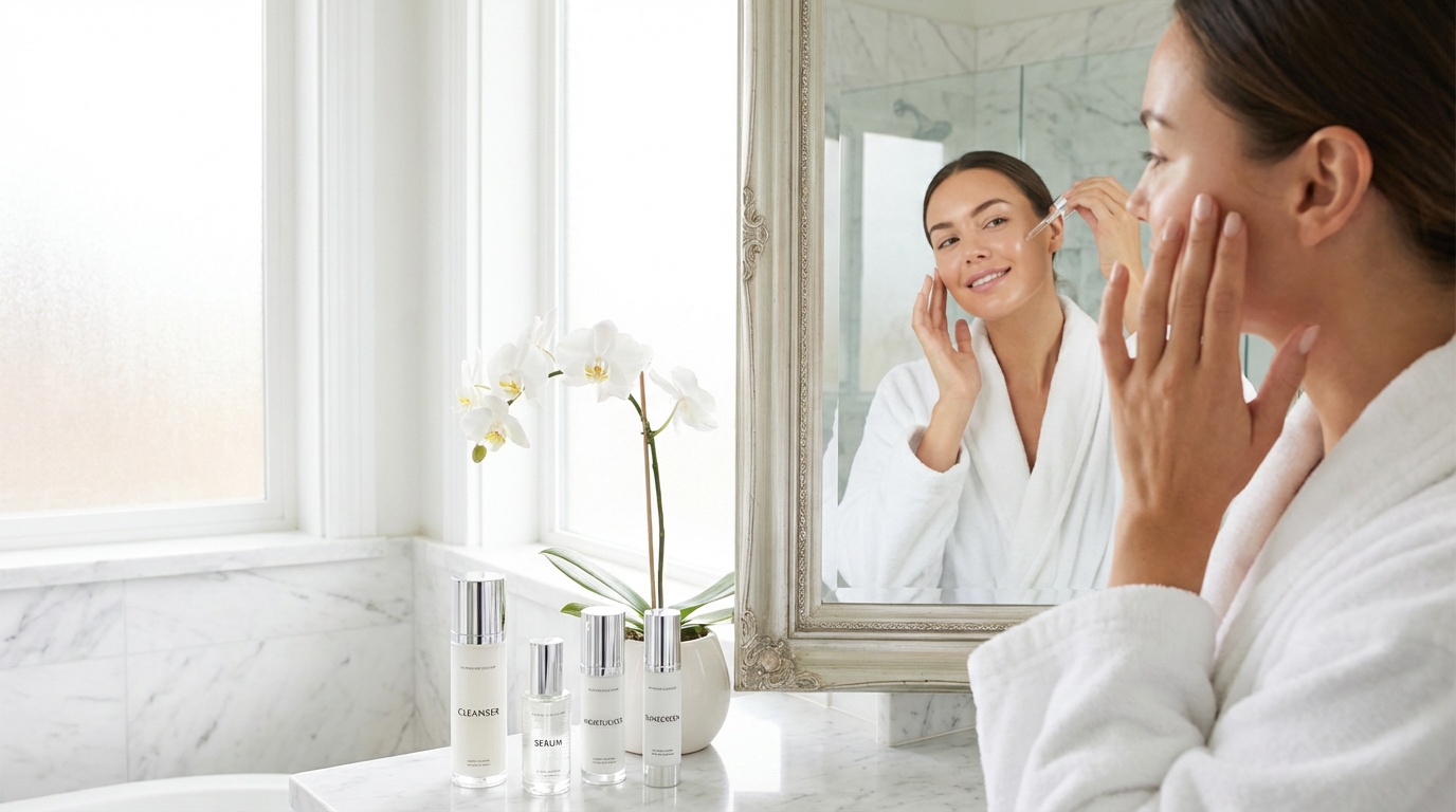 Woman with perfect glowing skin applying hydrating serum in a bright, luxurious bathroom