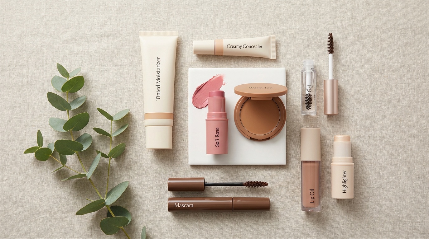 Flatlay of minimal cream and liquid makeup products used for a clean girl makeup routine