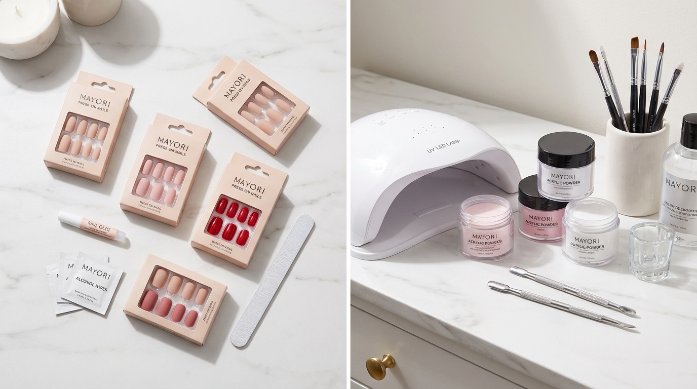 Flatlay comparing press on nail kits with professional salon nail tools on a marble surface
