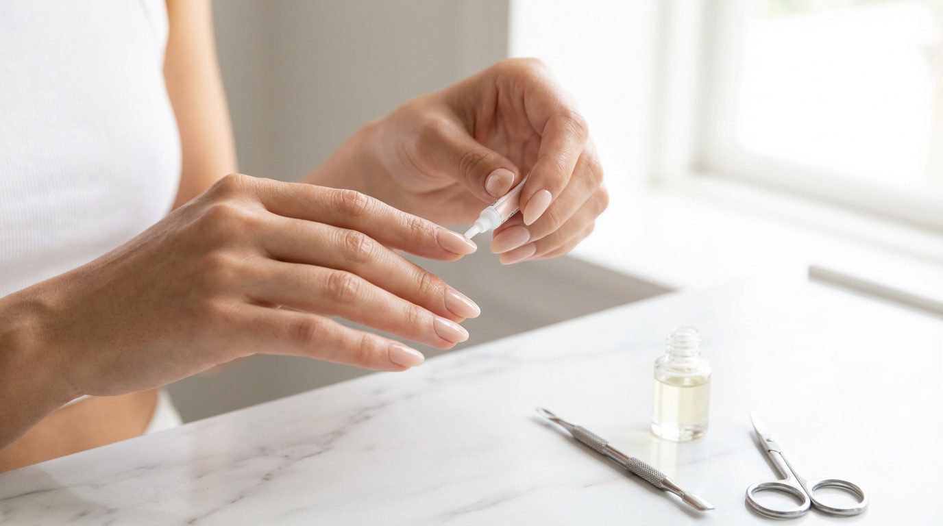 Close-up of a woman carefully applying a nude press on nail at a white vanity