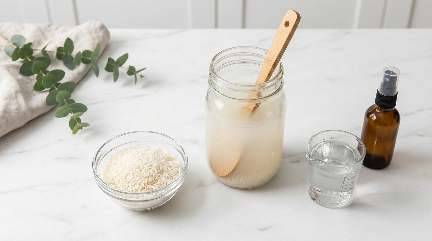 Flatlay of rice, cloudy rice water in a glass jar, and a spray bottle on a white marble surface