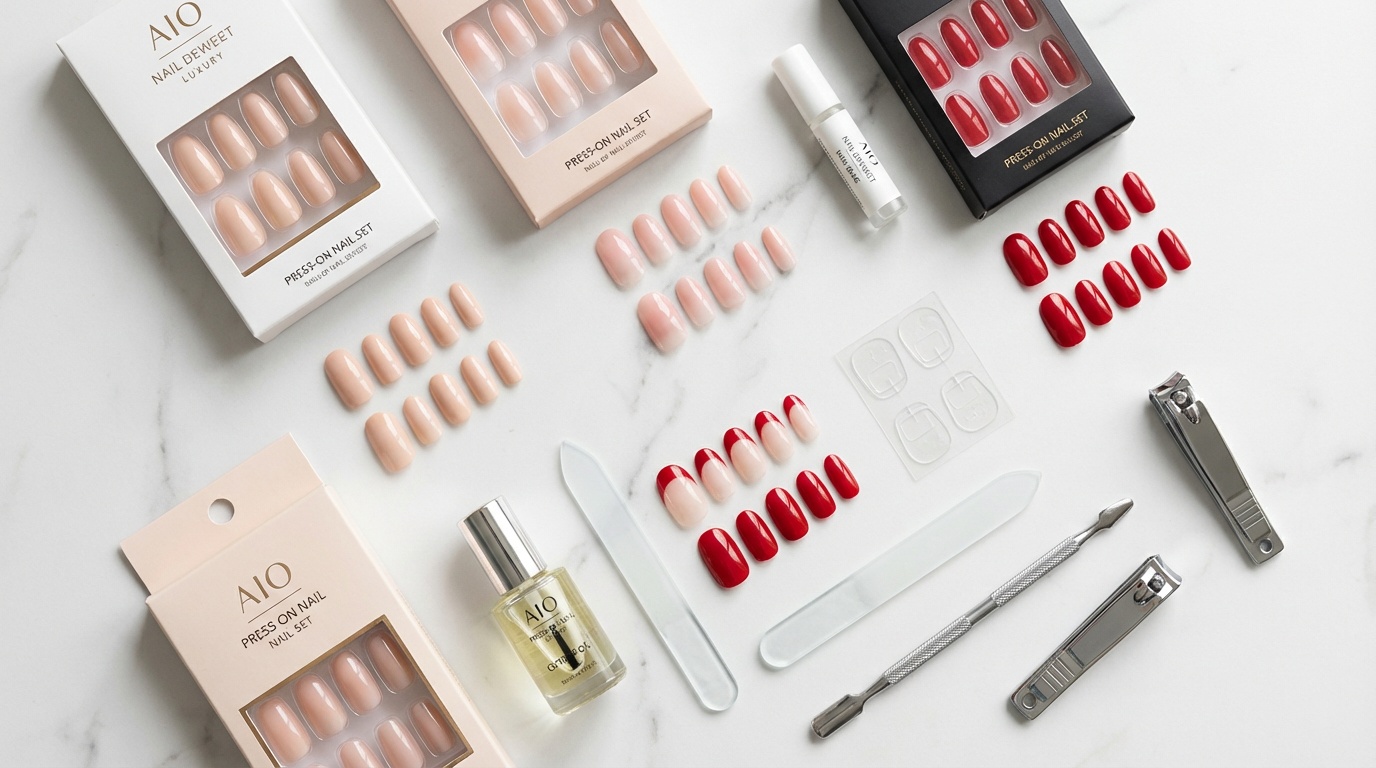 Flatlay of press-on nail products and salon manicure tools on marble