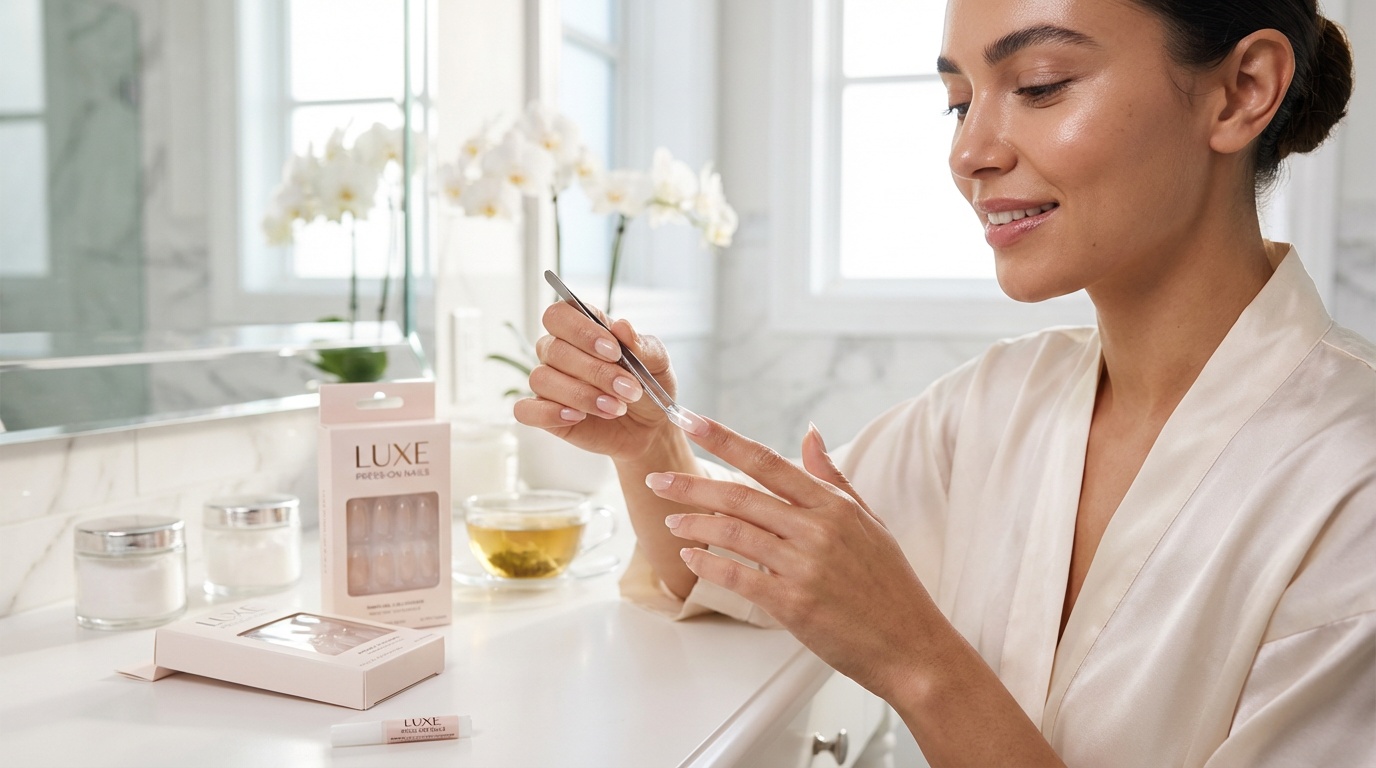 Beautiful woman applying press-on nails at home in soft light