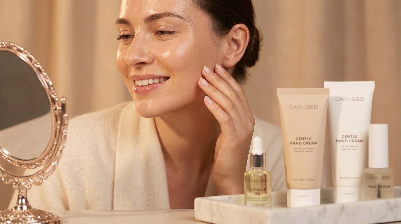 Woman admiring healthy natural nails with nail care products nearby