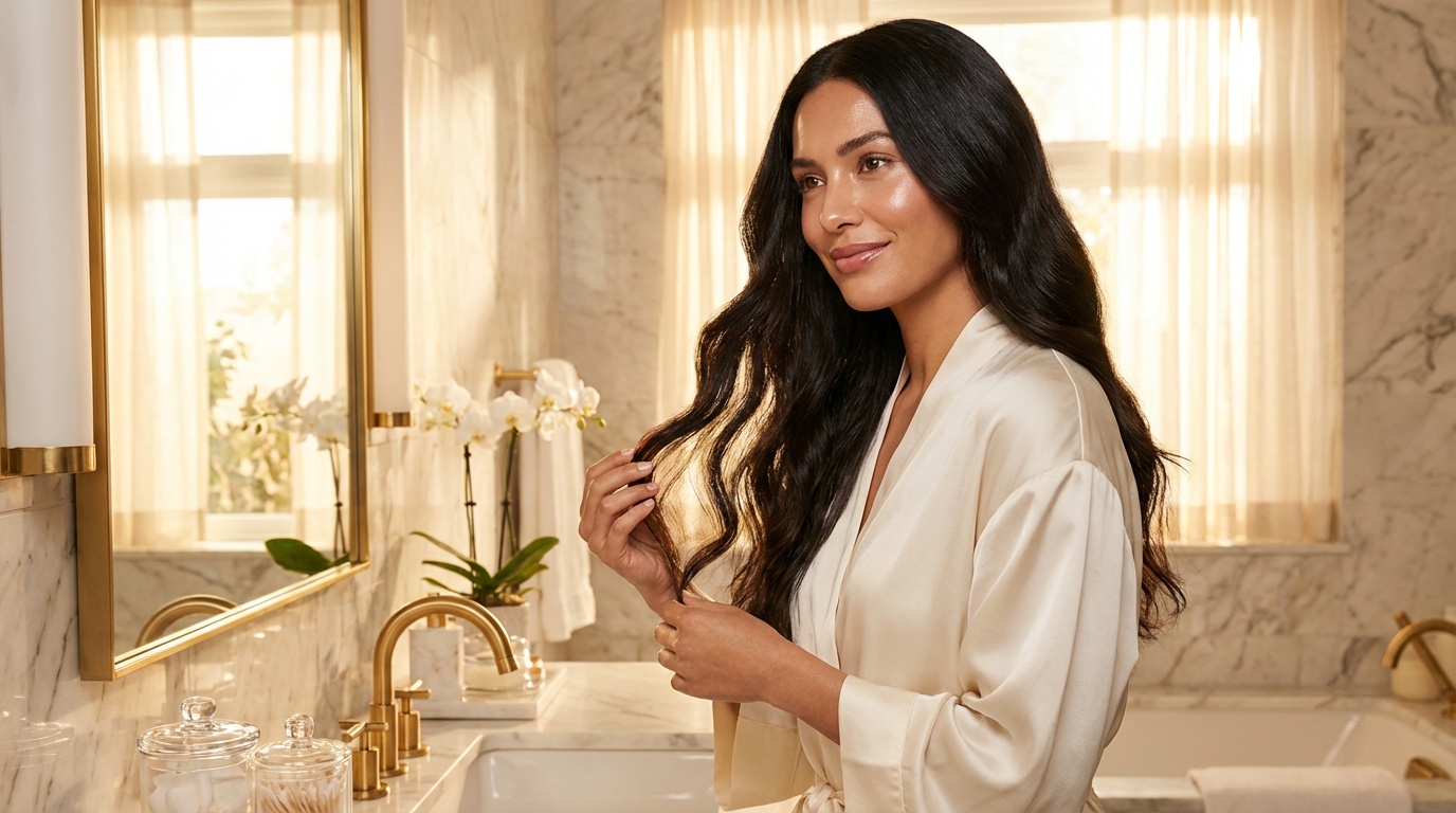 Beautiful woman with glowing skin admiring her shiny healthy hair in soft bathroom light