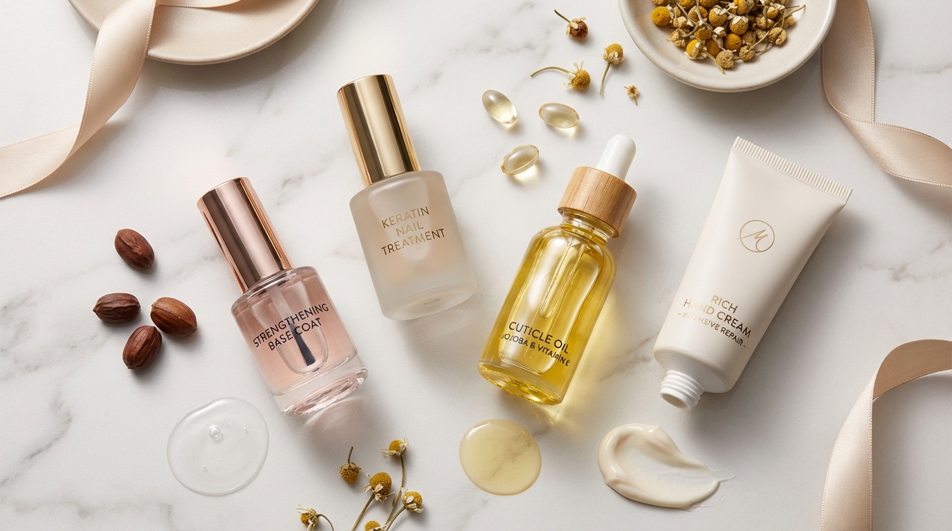 Flatlay of nail strengthening products including cuticle oil, base coat, and keratin treatment