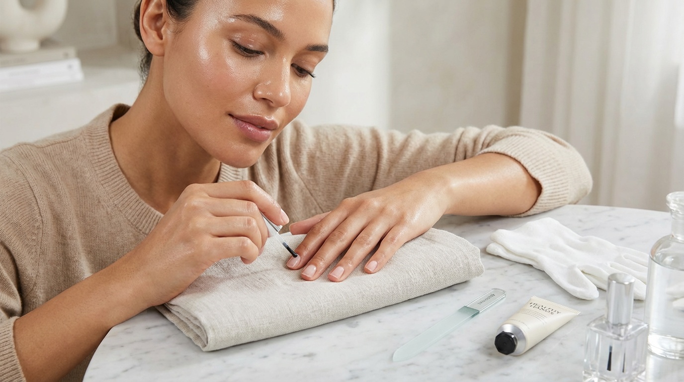 Woman applying strengthening base coat during a home nail care routine