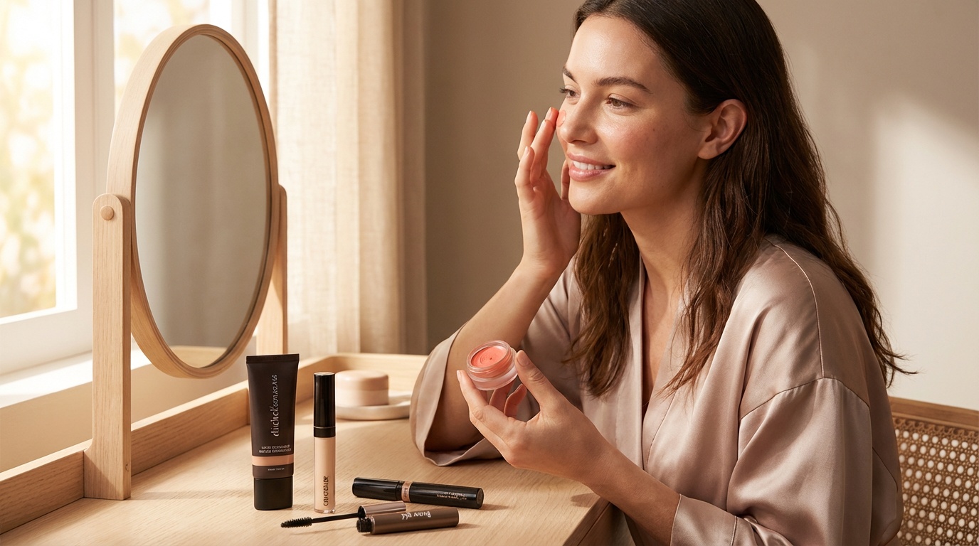 Beautiful woman applying cream blush at a vanity with compact travel makeup products