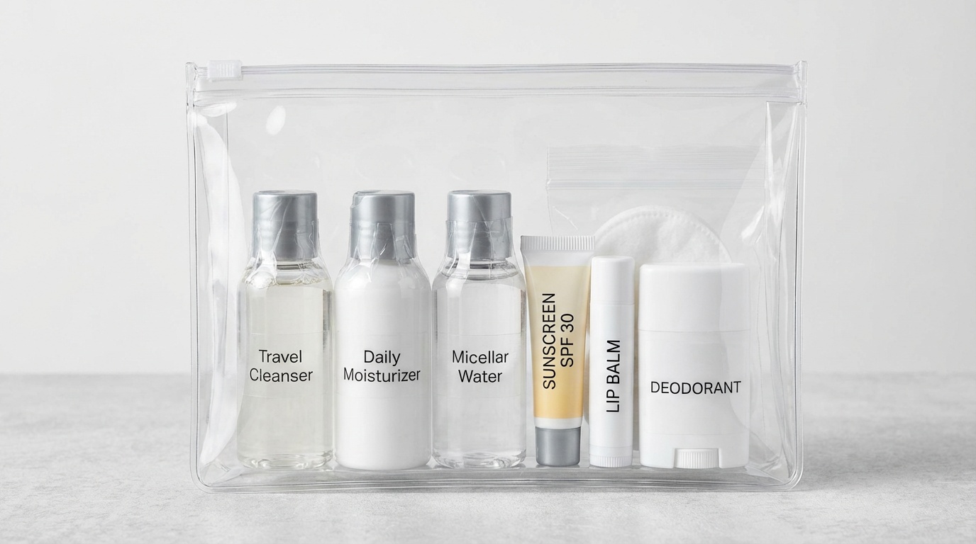 Clear carry-on beauty bag filled with organized travel-size toiletries and skincare
