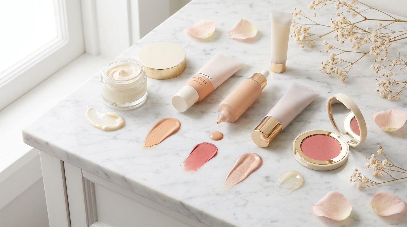 Flatlay of hydrating skincare and makeup products for a fresh awake look