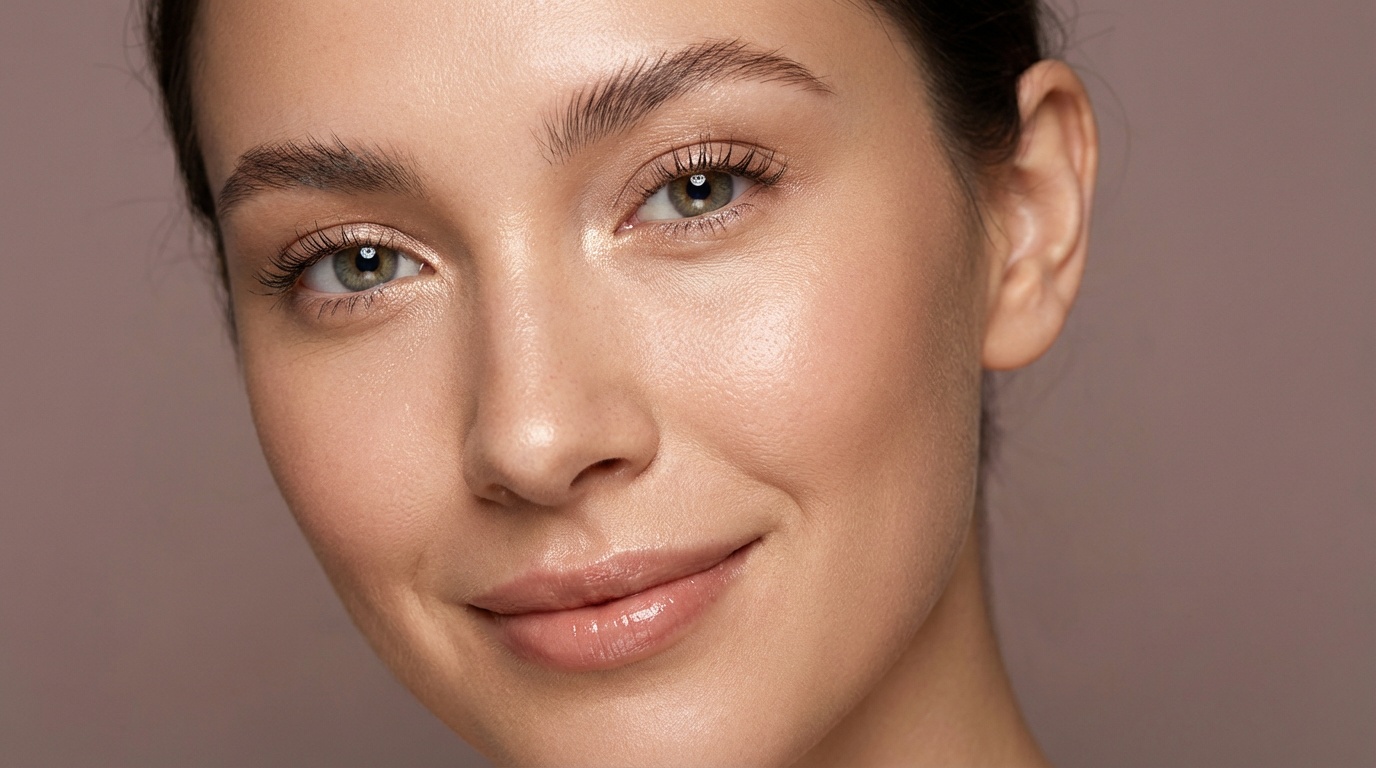 Close-up of a woman with bright eyes, curled lashes, and glowing skin