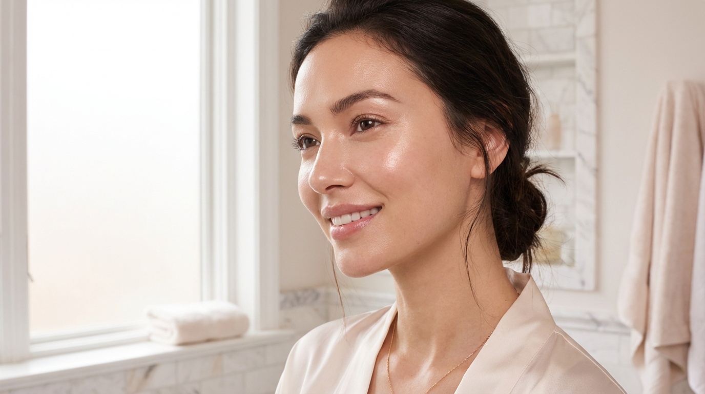 Beautiful woman with glowing dewy skin in soft bathroom light