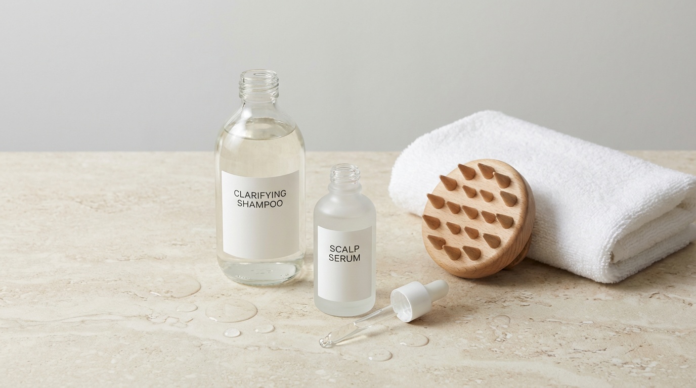 Flatlay of clarifying shampoo, scalp serum, and scalp massage tool