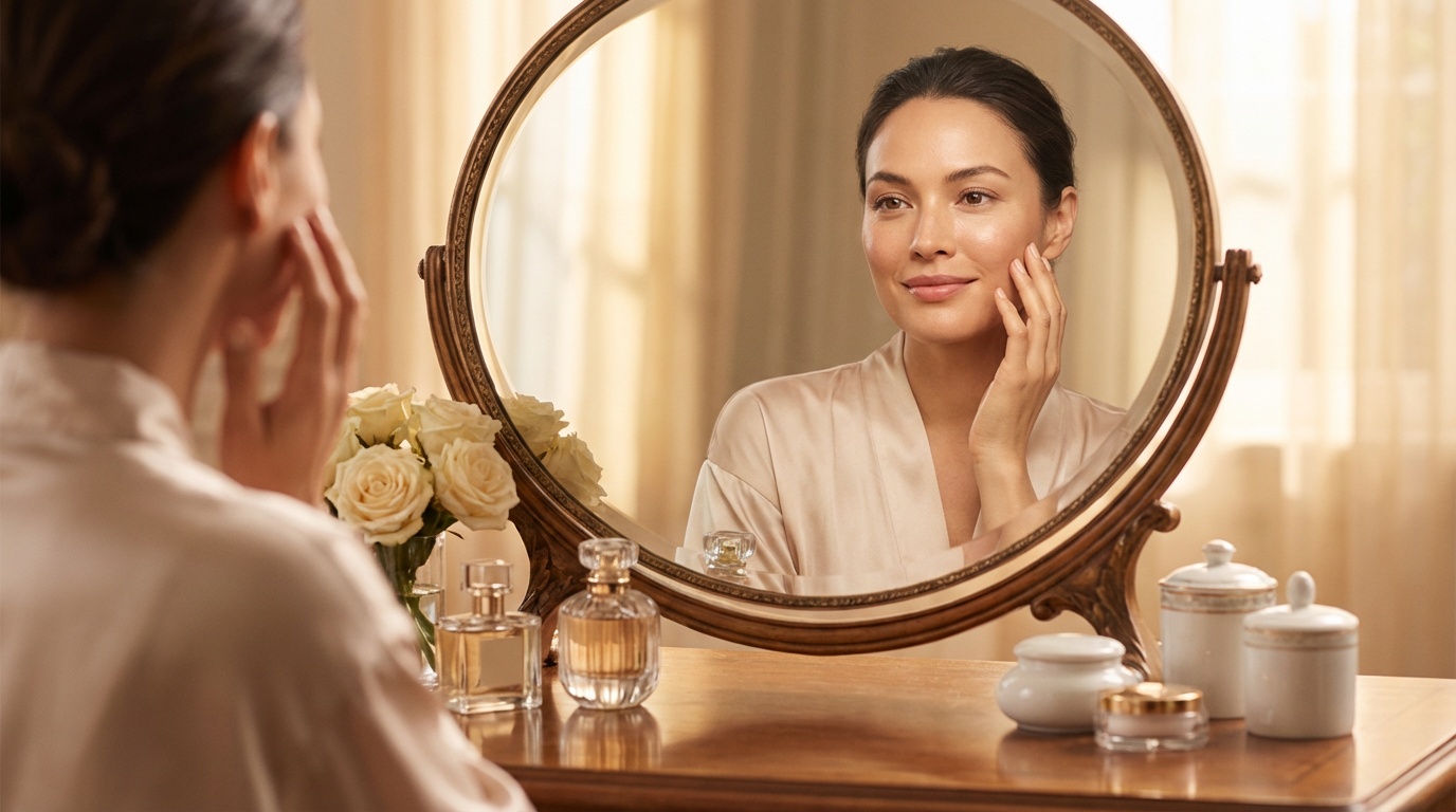 Woman with soft-focus makeup looking at her reflection in a mirror