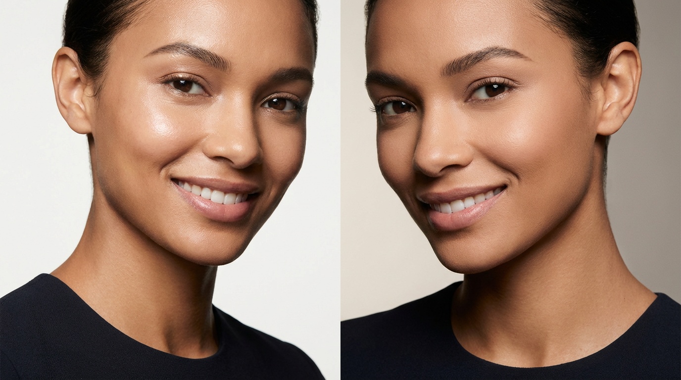 Beautiful woman comparing dewy cream makeup finish and matte powder makeup finish