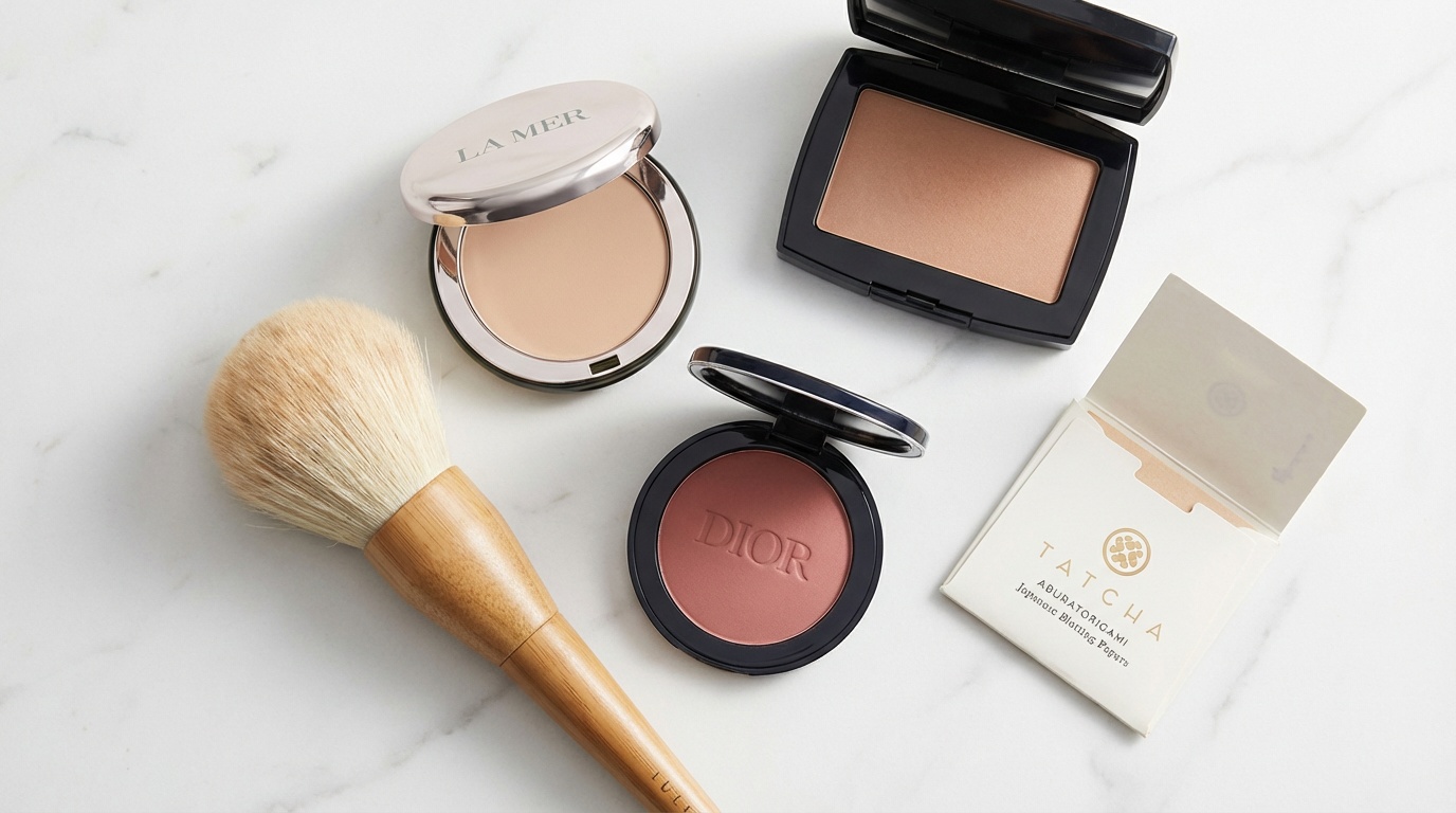 Flatlay of powder makeup products and tools for oil control