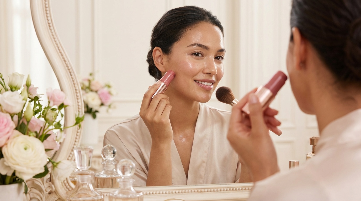 Beautiful woman layering cream and powder makeup at a vanity mirror