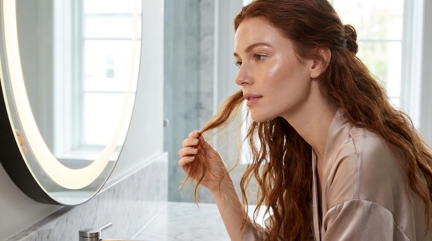 Beautiful woman checking her damaged hair ends in a mirror in soft bathroom light