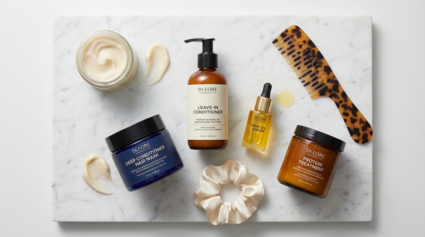 Flatlay of hair repair products including bond treatment, mask, leave-in conditioner, and hair oil