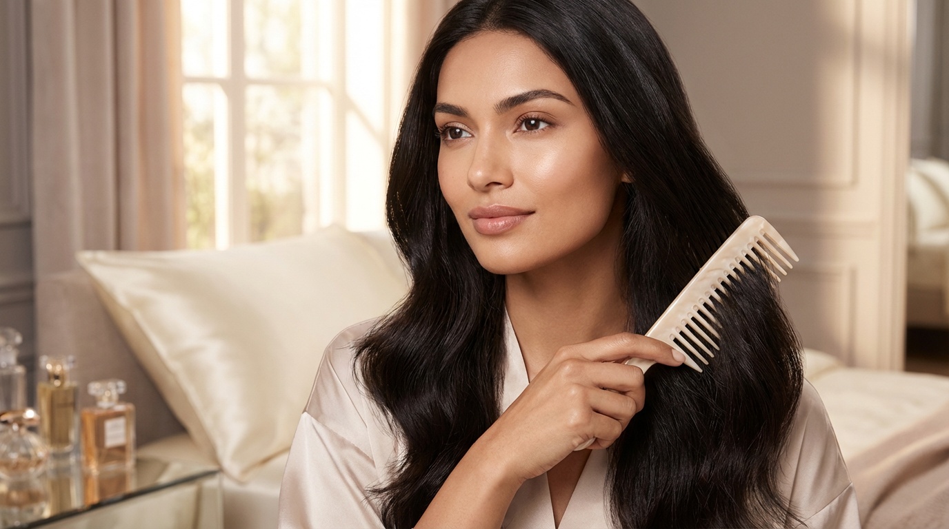 Beautiful woman gently detangling her hair with a wide-tooth comb near a satin pillowcase