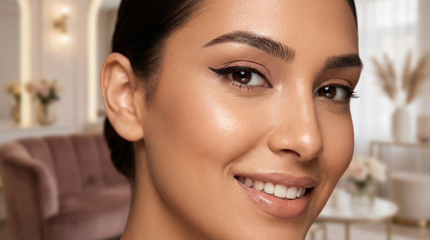 Close-up of a woman with glowing skin and sharp winged eyeliner