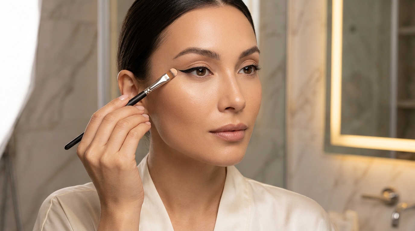 Woman using concealer brush to clean up and sharpen winged eyeliner