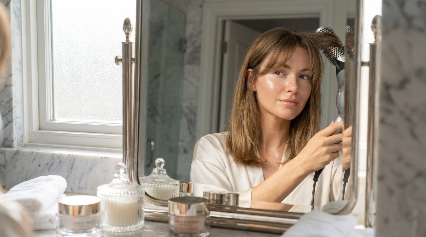 Woman blow-drying curtain bangs away from her face with a round brush at a vanity