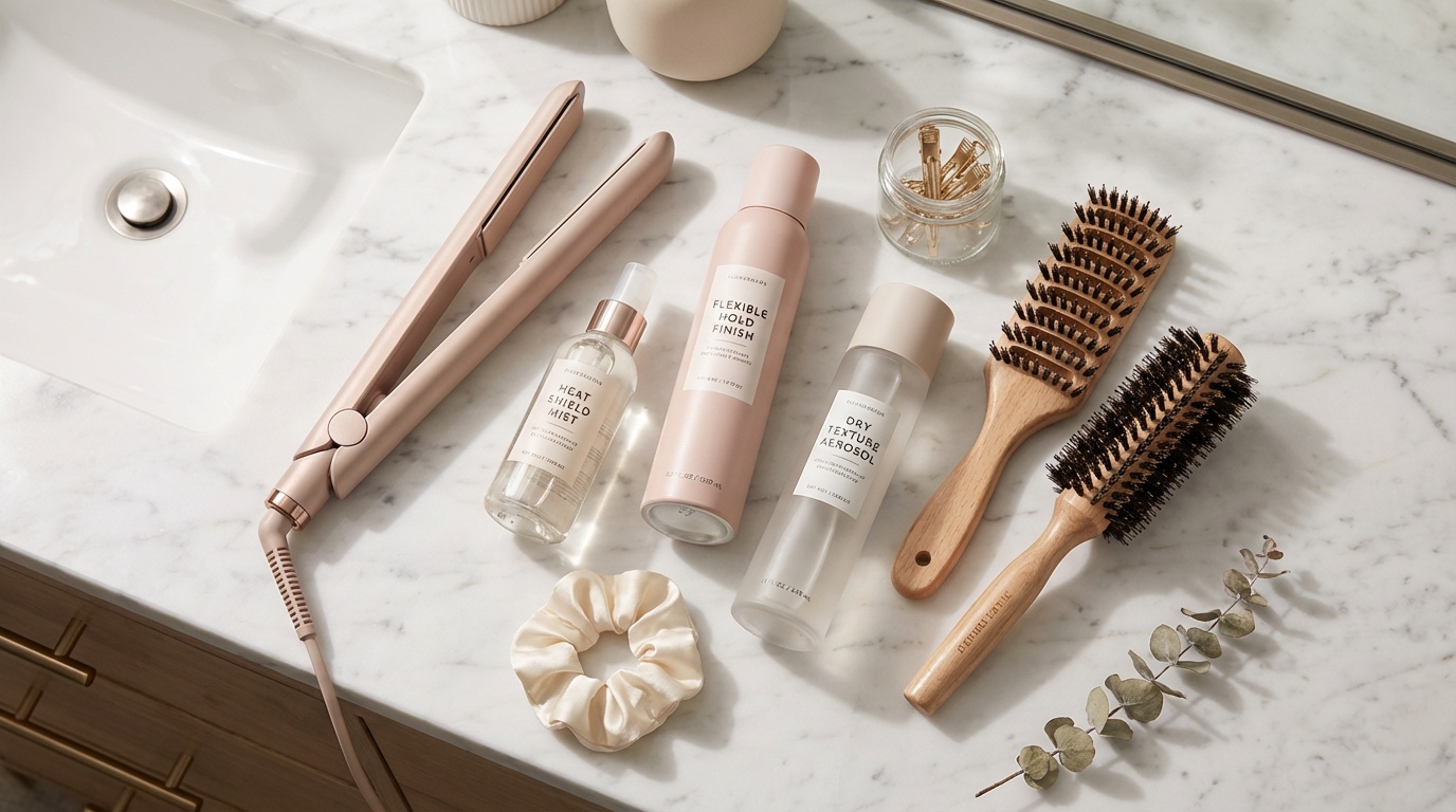 Flatlay of tools and products for styling curtain bangs with a flat iron