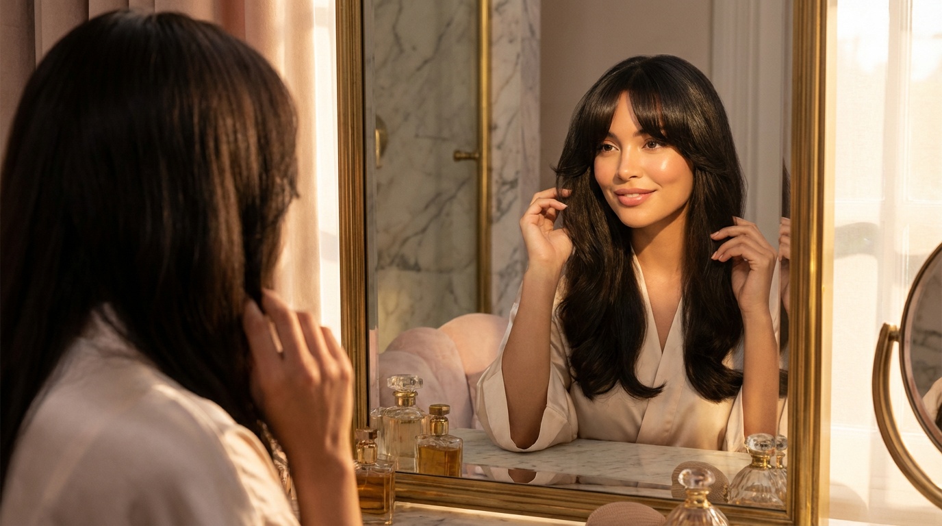 Woman admiring her styled curtain bangs in a mirror