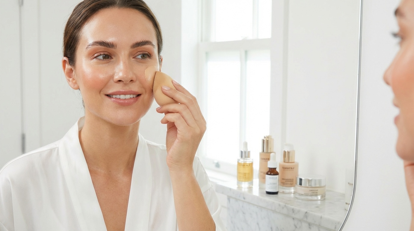 Woman with glowing skin applying foundation with a makeup sponge