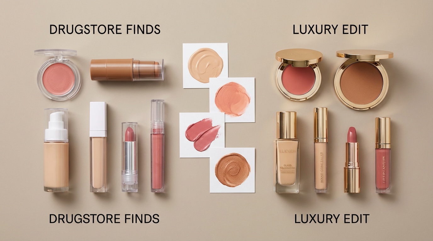 Flatlay of drugstore and high-end makeup dupes with blush and bronzer swatches