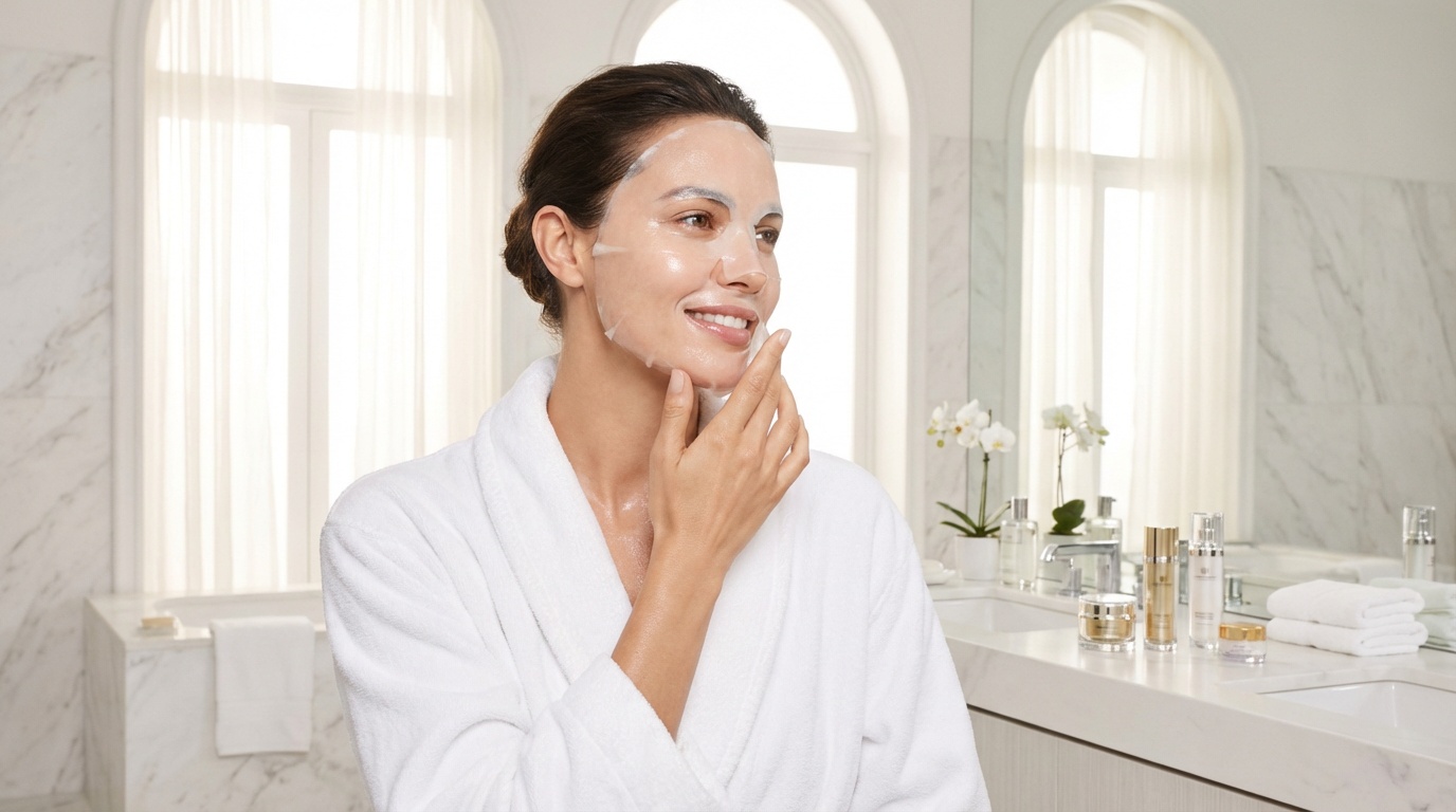 Beautiful woman with glowing skin applying a sheet mask in a bright bathroom