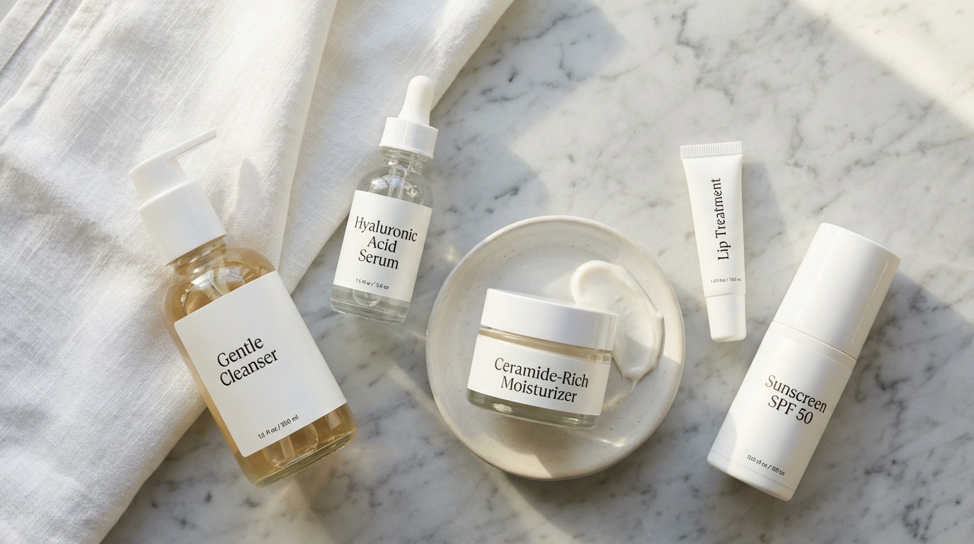 Flatlay of Sunday skincare essentials including cleanser, serum, moisturizer, lip treatment, and sunscreen