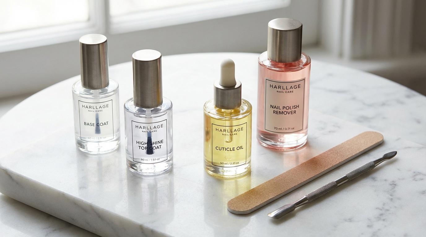 Flatlay of base coat, top coat, cuticle oil, and manicure tools on marble