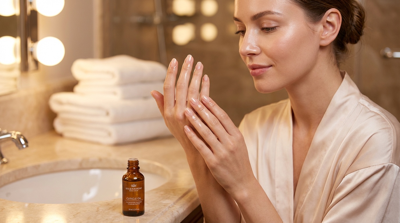 Beautiful woman admiring her manicure after applying cuticle oil