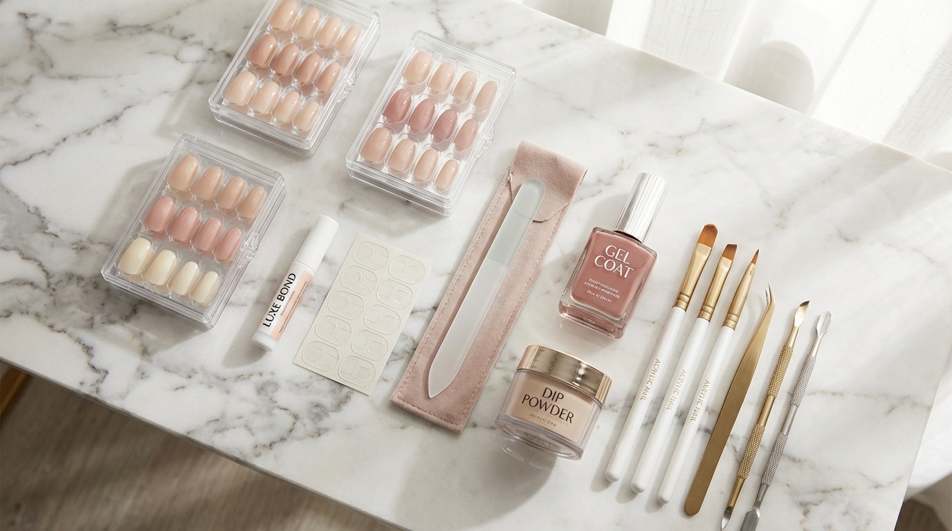 Flatlay of press-on nail products and salon nail supplies on a marble surface