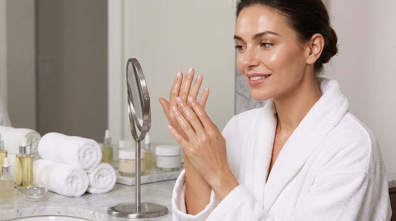 Beautiful woman checking the health of her natural nails in a bathroom mirror