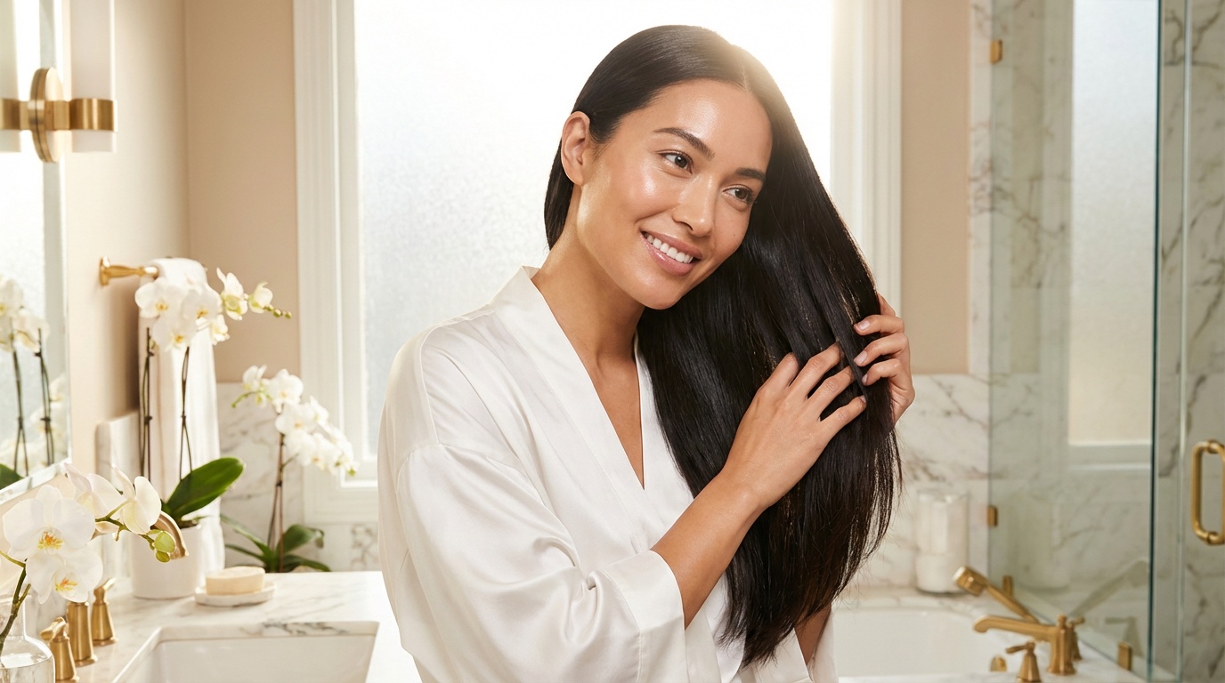 Beautiful woman with glowing skin admiring her shiny, smooth hair in soft bathroom light