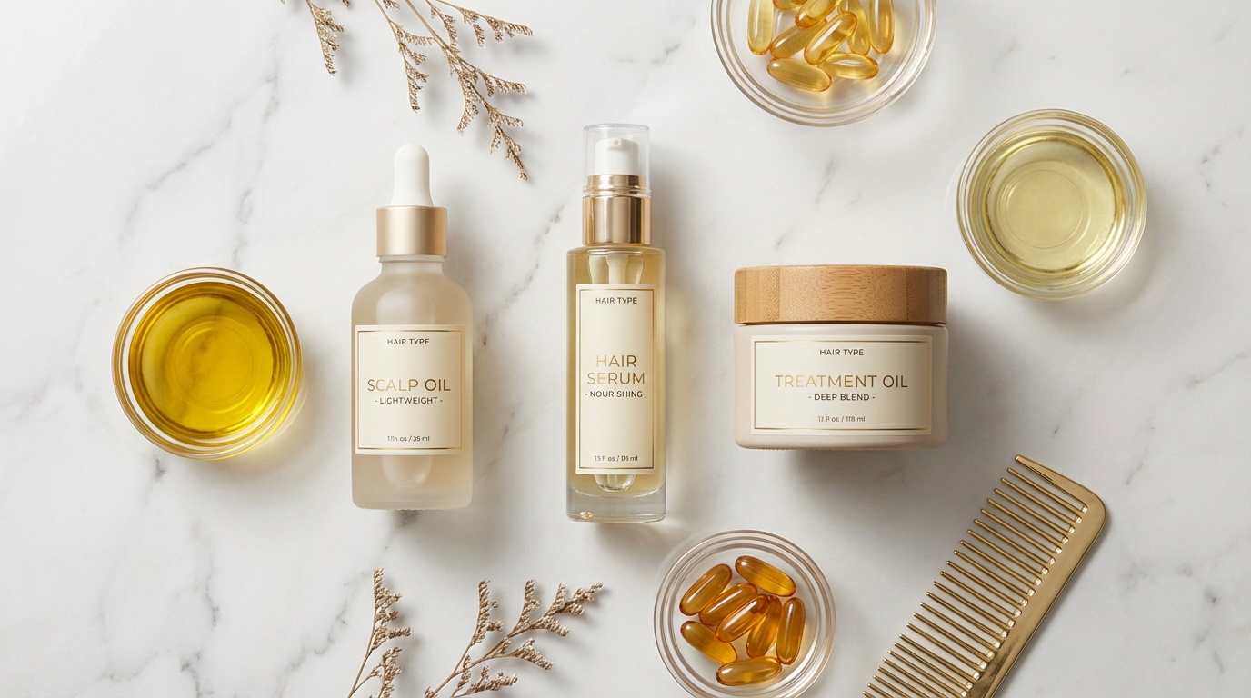 Flatlay of lightweight, medium, and rich hair oil products on a marble surface