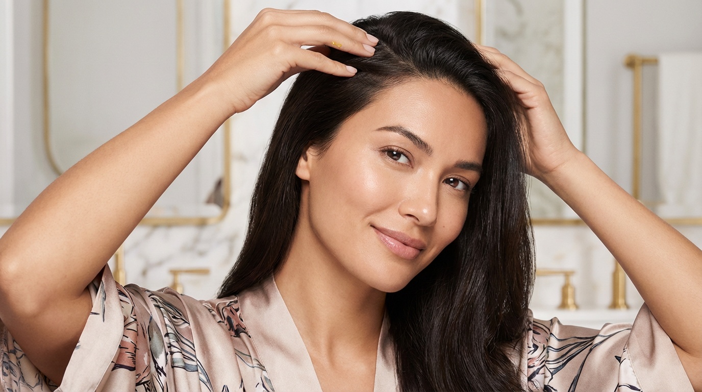 Beautiful woman applying hair oil to her scalp and hair in a vanity setting