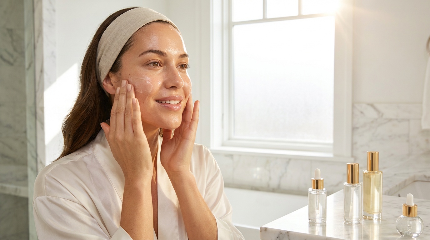 Beautiful woman with glowing skin applying hydrating serum in a bright bathroom