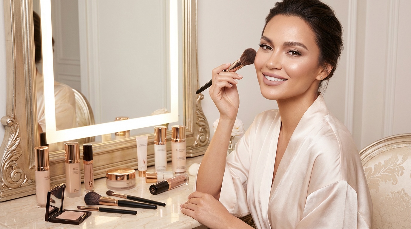 Beautiful woman applying soft glam makeup at a vanity mirror
