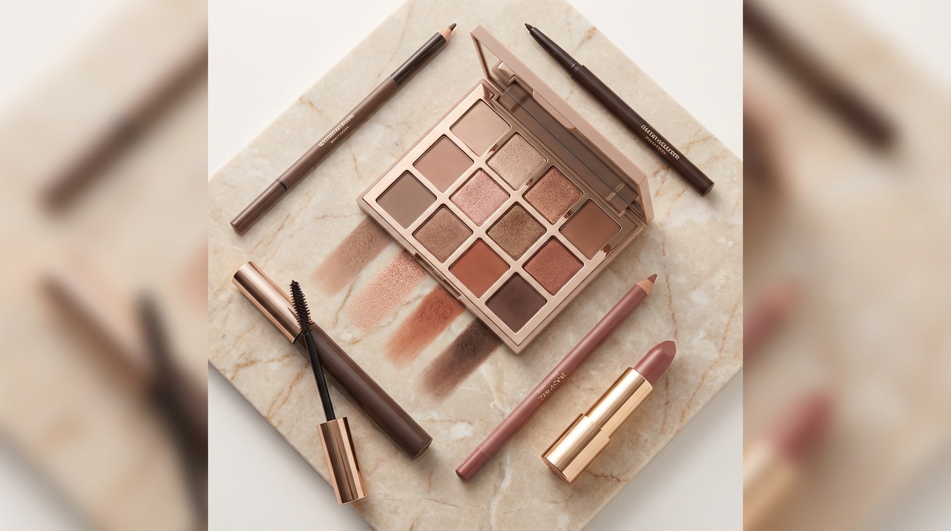 Flatlay of neutral soft glam makeup products and eyeshadow swatches